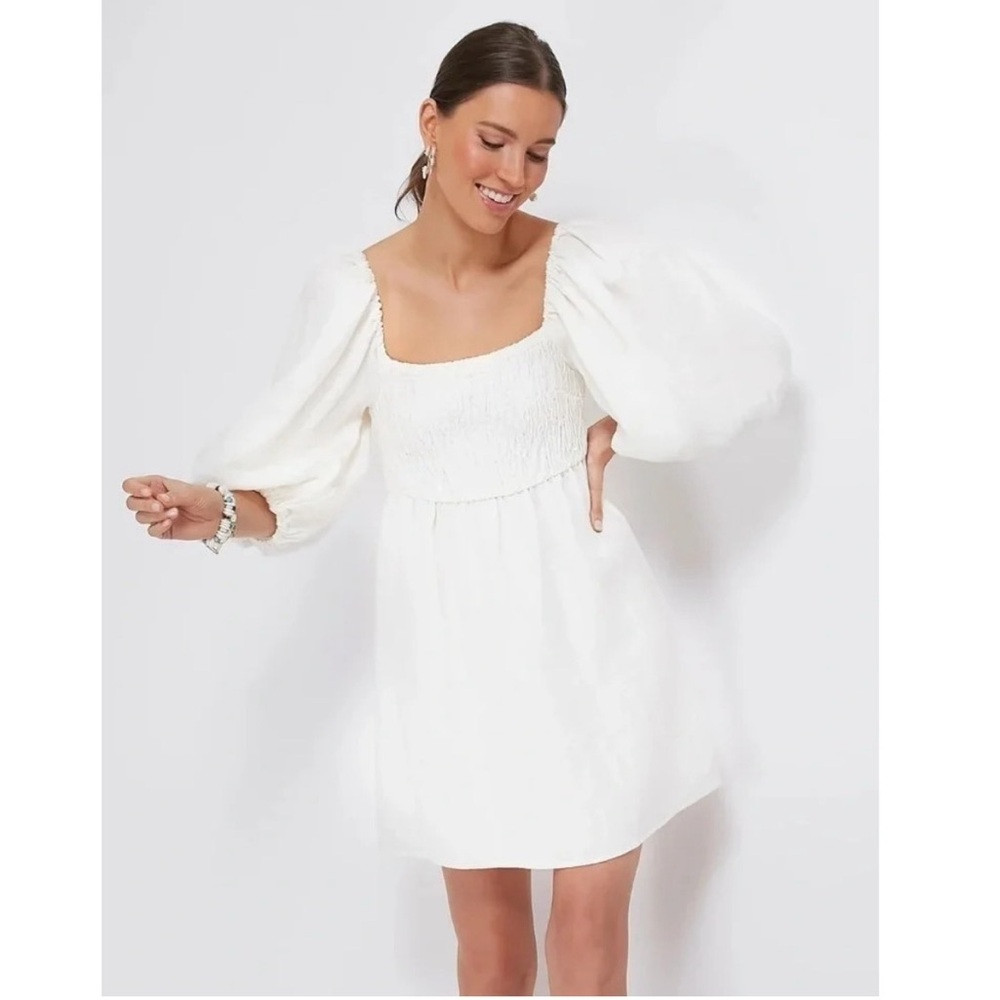 Tuckernuck Annie 100% Linen Smocked Square Neck Puff Sleeve Dress White Medium | Poshmark