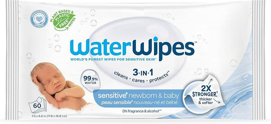 WaterWipes Sensitive+ Newborn & Baby Wipes, 3-In-1 Cleans, Cares, Protects, 99.9% Water, Unscente... | Amazon (US)