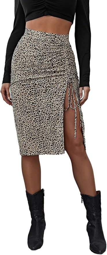 Floerns Women's Leopard Print Ruched Drawstring Split Summer Midi Skirt | Amazon (US)