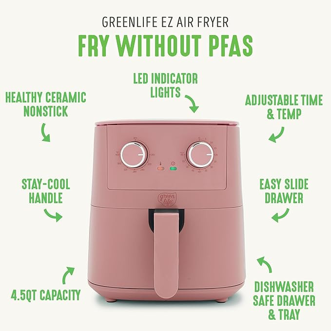 GreenLife 4.5QT Mechanical Air Fryer, PFAS-Free Ceramic Nonstick Crisper Drawer, Adjustable Tempe... | Amazon (US)