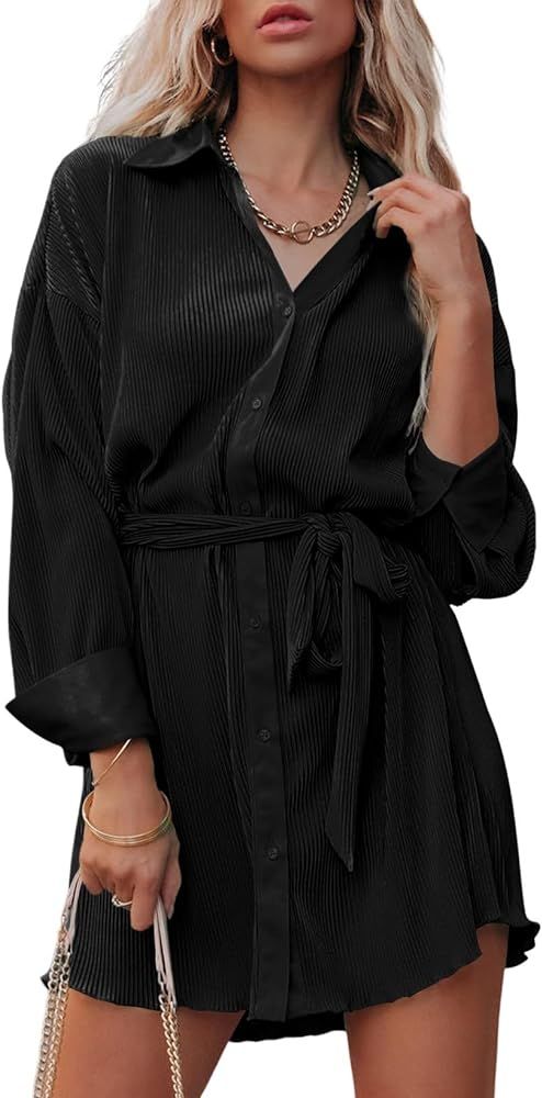 MARZXIN Women’s Pleated Button Down Shirt Dress Long Sleeve Collared V Neck Casual Swing Work S... | Amazon (US)