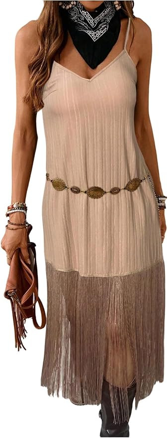 Verdusa Women's Western Fringe Dress Vintage Deep V Neck Maxi Cowgirl Dresses | Amazon (US)