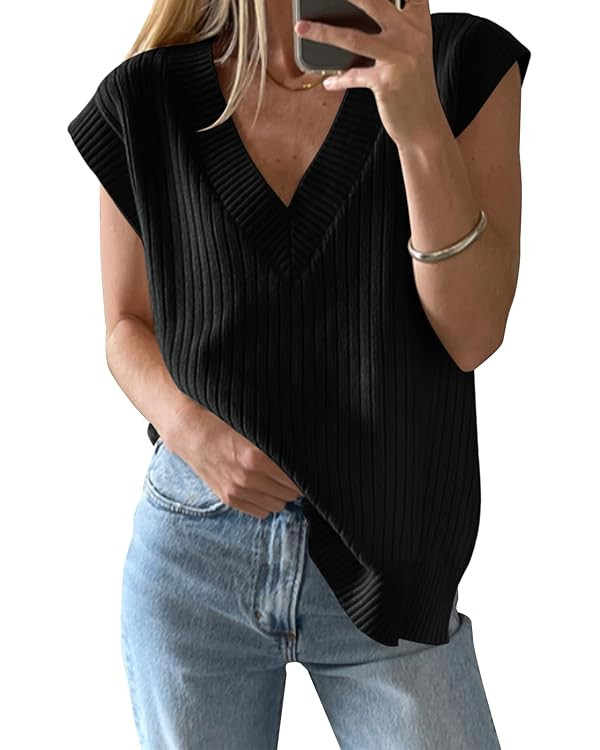 Saodimallsu Womens V Neck Sweater Vest Oversized Ribbed Knit Sleeveless Casual Loose Fit Pullover... | Amazon (US)