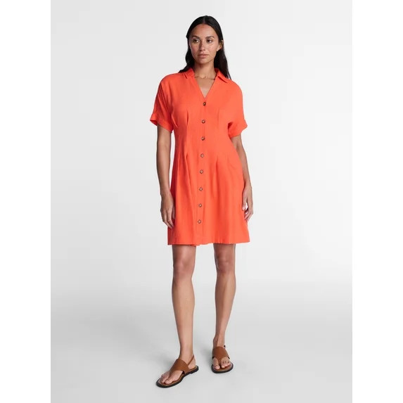 Time and Tru Women's Linen Pleated Waist Fit And Flare Mini Shirt Dress, Sizes XS-XXXL | Walmart (US)