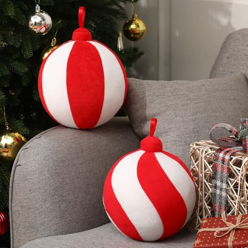 Lineshading 2 Pcs Christmas Pillows 7 Inch Round Ball Xmas Throw 3D Christmas Shaped Pillow Cute Ball Decoration for Bed Couch Chair Living Room(Red and White) | Amazon (US)