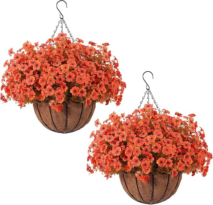 Hananona 24 Pcs Artficial Outdoor Flowers with Hanging Baskets, Orange Fall mums 2 Pack Hanging P... | Amazon (US)