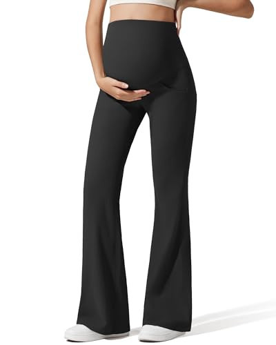 G4Free Maternity Flare Leggings with Pockets Over The Belly Stretchy Comfortable Casual Yoga Pregnancy Pants(Black,L,Petite) | Amazon (US)