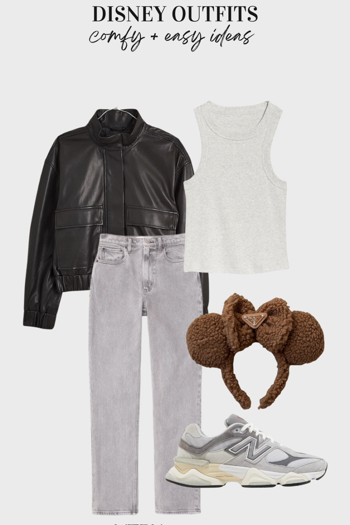 Disney outfit idea for fall 
Grey tank: small
Grey 90s straight jeans: 27 short 
Leather bomber jacket: small
New balance 9060 sneakers: 4.5 men 
Sherpa ears 

#LTKSeasonal #LTKstyletip #LTKsalealert