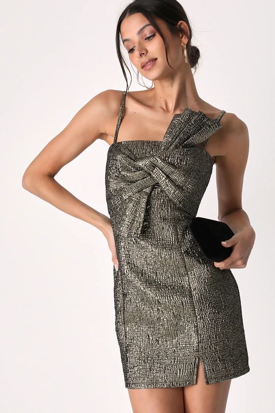 A Glamorous Twist Gold Metallic Jacquard Twist-Front Mini Dress | Lulus (US)