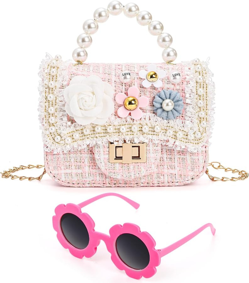 ZEAYEA Girls Purse with Sunglasses, Mini Cute Princess Handbags with Pearl Flowers, Small Shoulde... | Amazon (US)