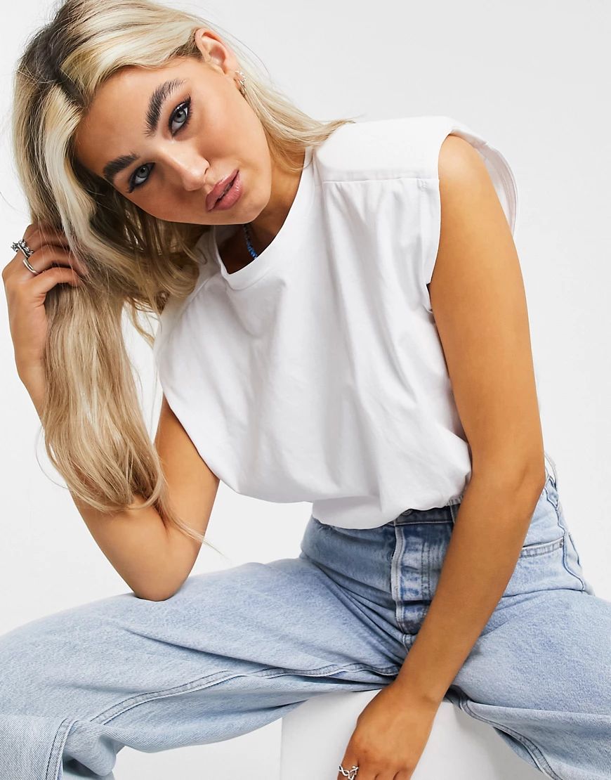 Noisy May crop top with padded shoulders in white | ASOS (Global)