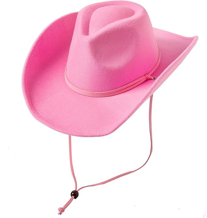 Lanzom Women Men Retro Felt Wide Brim Western Cowboy Cowgirl Hat Dress Up Hat with Wind Lanyard F... | Amazon (US)