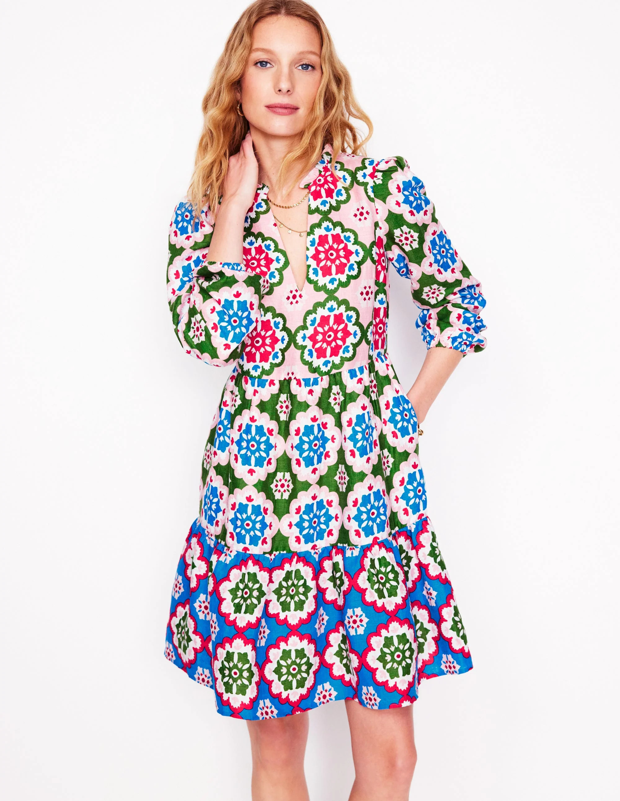 Esme Linen Short Dress-Multi, Bloom Geo | Boden (US)