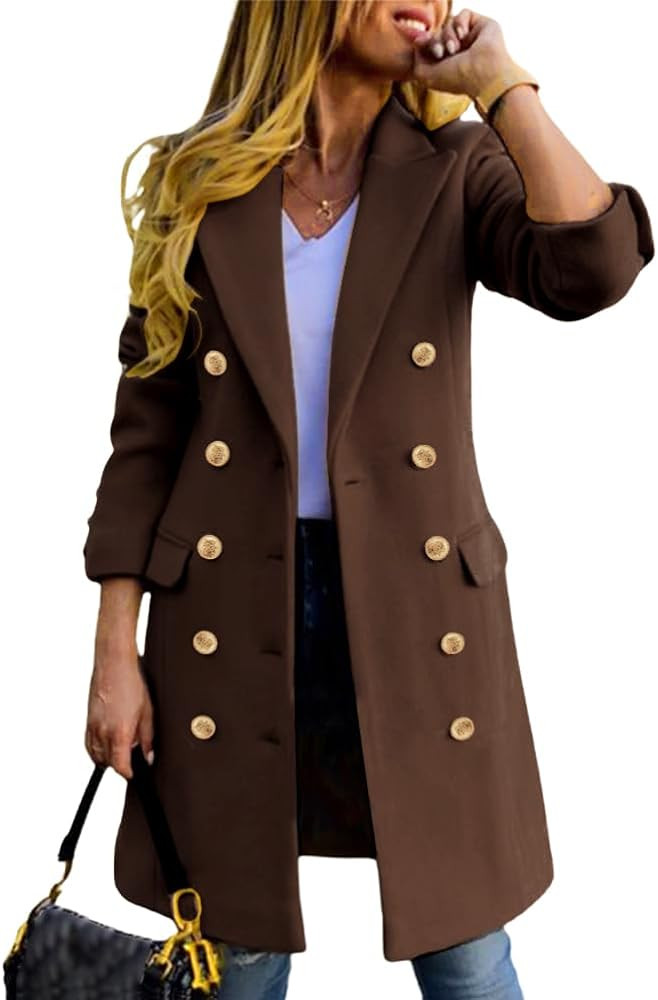 IDEALSANXUN Womens Fall Winter Wool Coats Double Breasted Midi Peacoat Trench Coats | Amazon (US)