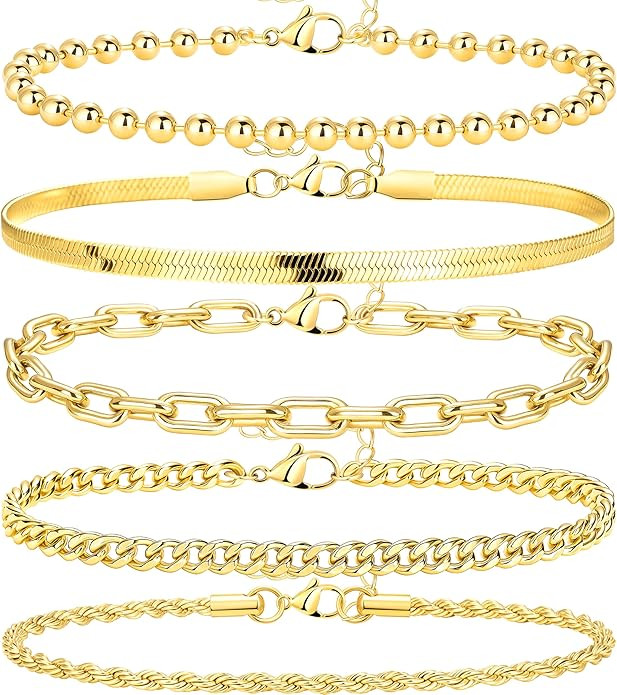 Gold Bracelets Set for Women Stack, Dainty Thick Bracelets Stack for Women Trendy, Simple Thin Go... | Amazon (US)
