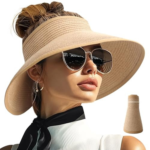 PFFY Sun Visors Hats for Women Wide Brim Straw Visor Packable Foldable Ponytail Travel Beach Hat Vacation Essentials Khaki | Amazon (US)