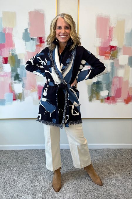 Off white jeans are big this season and will work all year long. 
Super cute linger cardigan. 

Use COAST30 on art (frames excluded) 
#chicos #urbangarden

#LTKfindsunder100 #LTKover40 #LTKstyletip