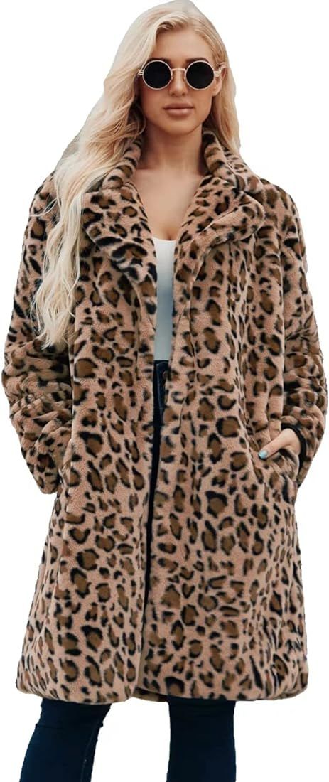 Long leopard suit collar faux fur coat women's casual coat autumn and winter new. | Amazon (US)