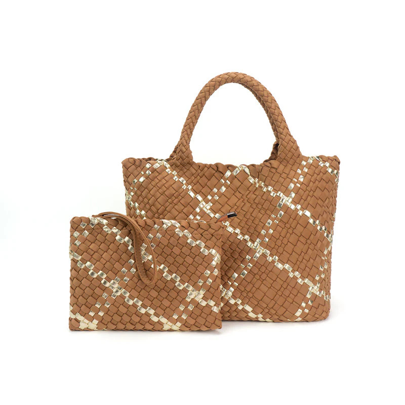 The Charli | Large Woven Neoprene Tote with Wristlet | Almond with Gold Stripe | Babs+Birdie