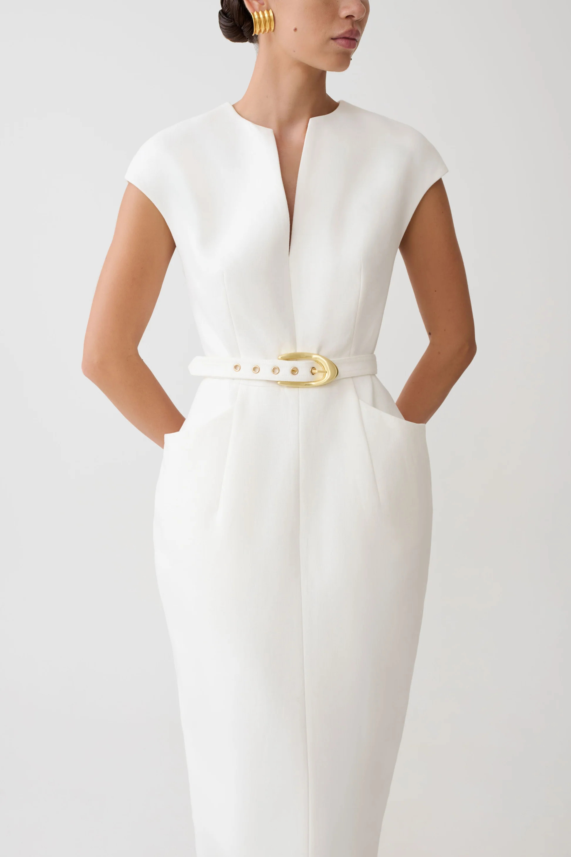 Livia V Neck Linen Maxi Dress - White | MESHKI US