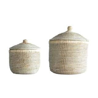 3R studios Fleur De Sel Round Woven Seagrass Decorative Basket with Lids (Set of 2), Beige | The Home Depot