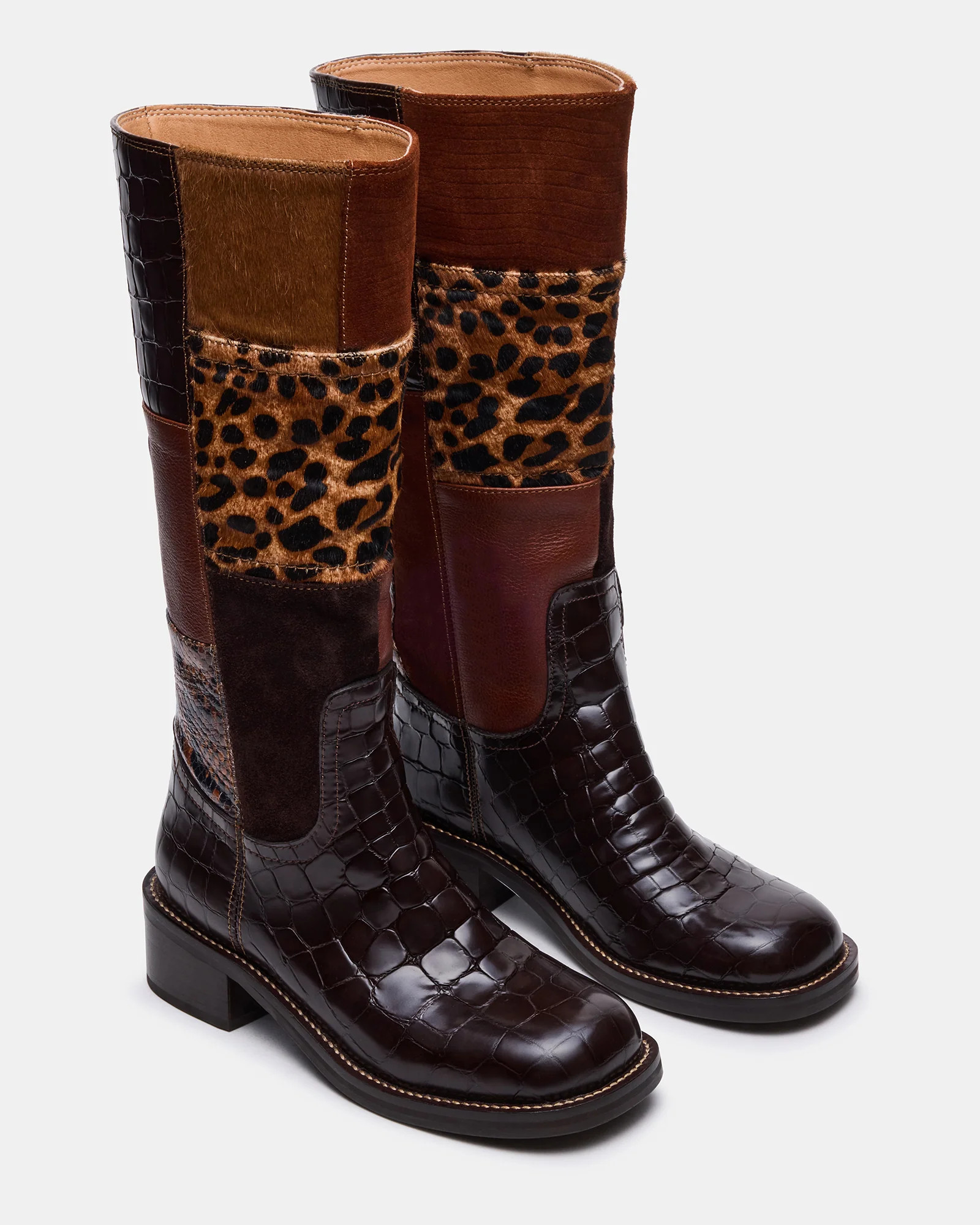 RIGGS Brown Multi Patches Square-Toe Women's Boot | Steve Madden (US)