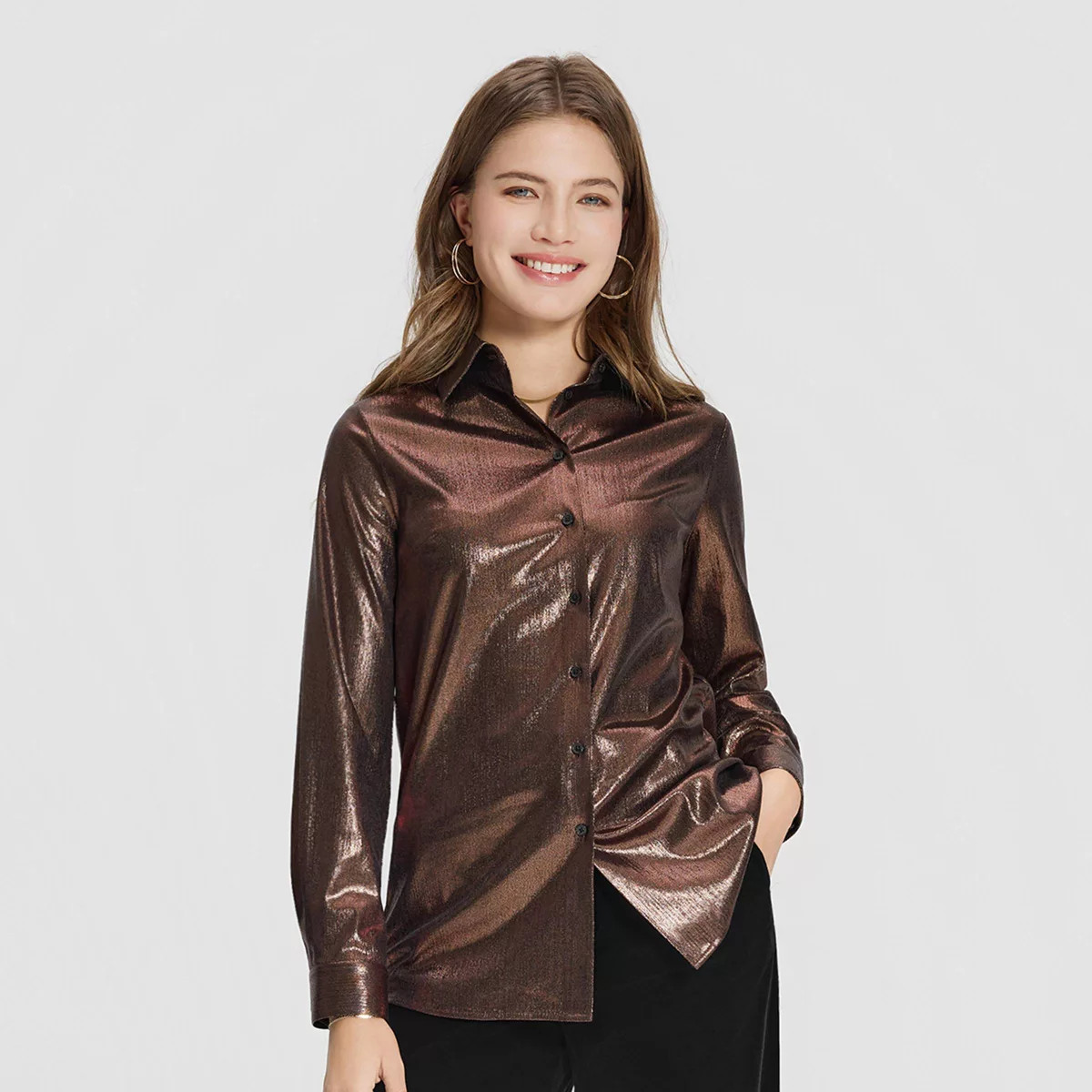 Women's Long Sleeve Party Button-Down Shirt - A New Day™ Brown XS | Target