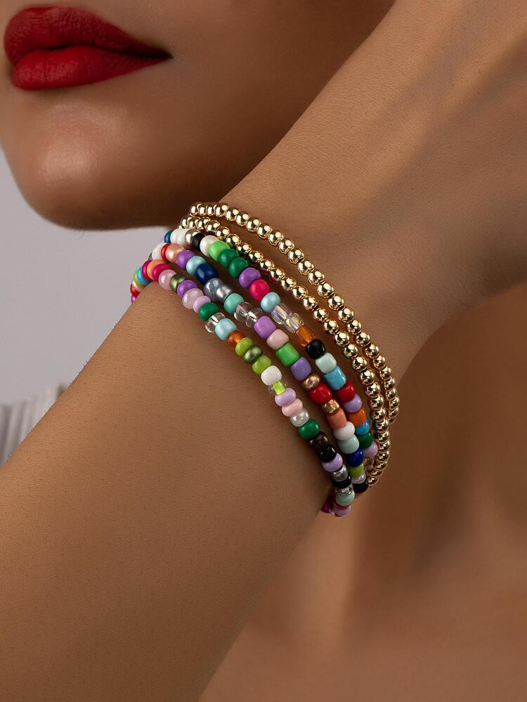 7pcs/set Color Block Beaded Bracelet | SHEIN