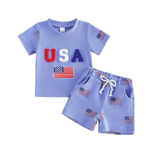Rourufy Toddler Baby Boy 4th Of July Outfit Waffle USA American Flag T Shirt Top Shorts Set Summer Memorial Day Clothes (A USA Flag Blue, 2-3T) | Amazon (US)