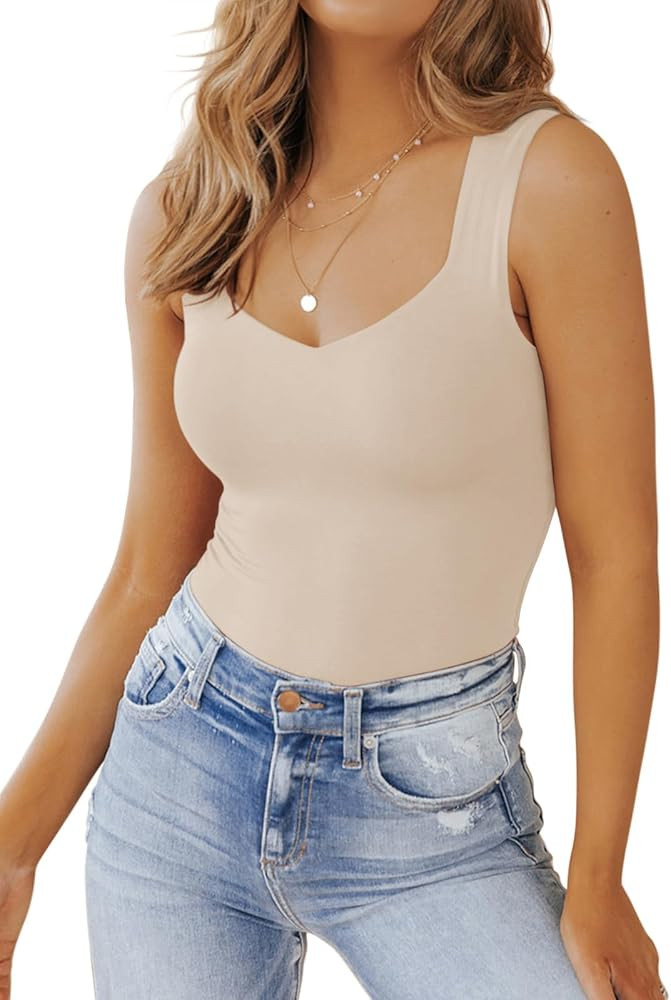 PINKMSTYLE Women's Basic Double Lined V Neck Tank Tops Sleeveless Shirts Slimming Summer Tops | Amazon (US)