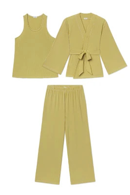 DreamModal® Kimono Three-Piece Pants Set in Velvet Green Pencil Stripe - XL | Lake Pajamas
