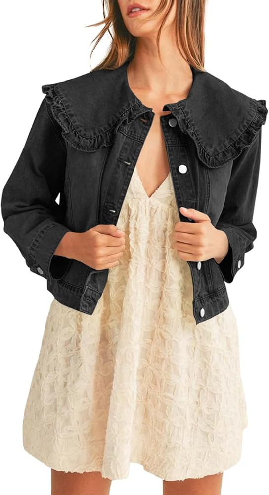 Takaneo Womens Jean Jackets Casual Long Sleeve Peter Pan Collar Loose Fit Denim Shirts Coat with ... | Amazon (US)