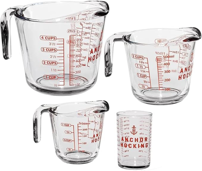 Anchor Hocking Glass Measuring Cups, 4 Piece Set (5 Ounce, 1 Cup, 2 Cup, 4 Cup liquid measuring c... | Amazon (US)