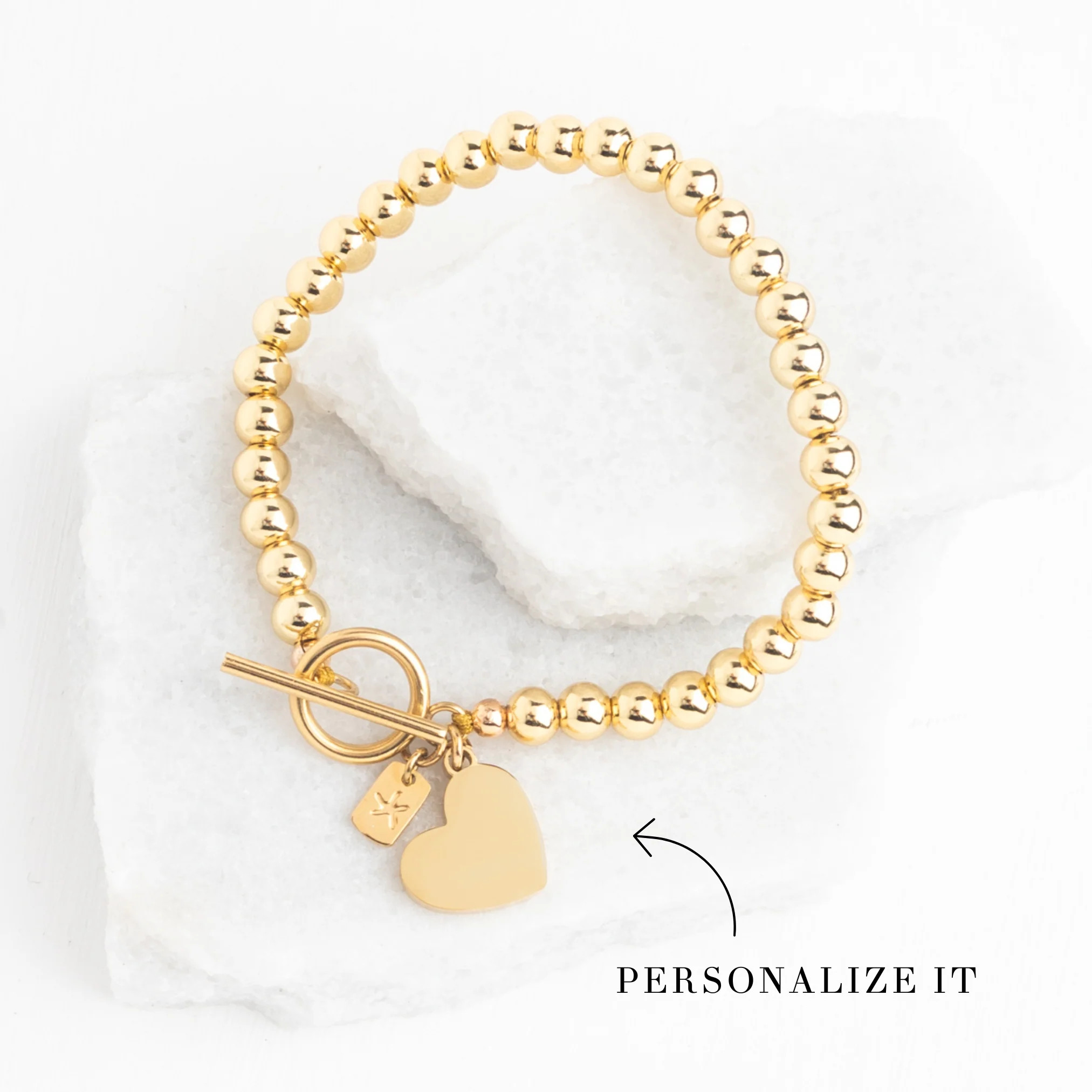 Engravable Heart Pendant on Handbeaded Gold Bracelet | Starfish Project