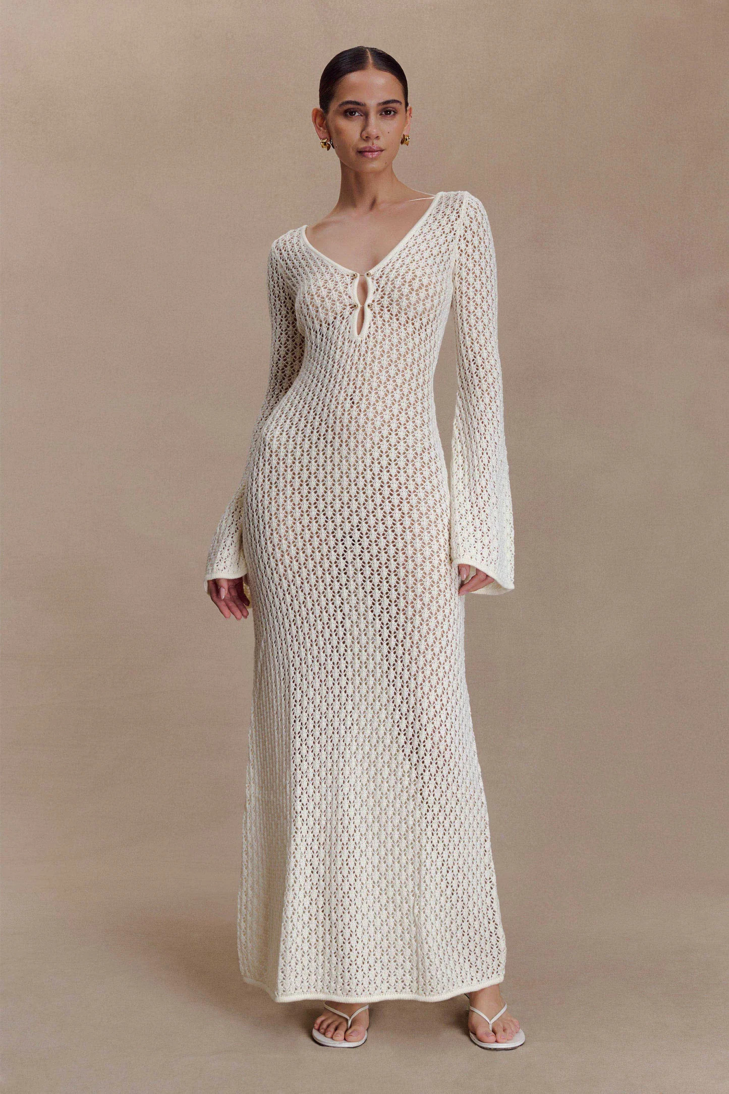 Crochet Fishtail Flare Sleeve Maxi Dress - White | MESHKI US