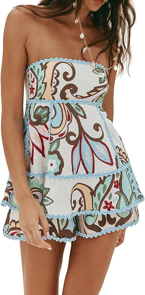 Womens 2 Piece Outfits Floral Print Scalloped Trim Tiered Strapless Top And Shorts Set Casual Vac... | Amazon (US)