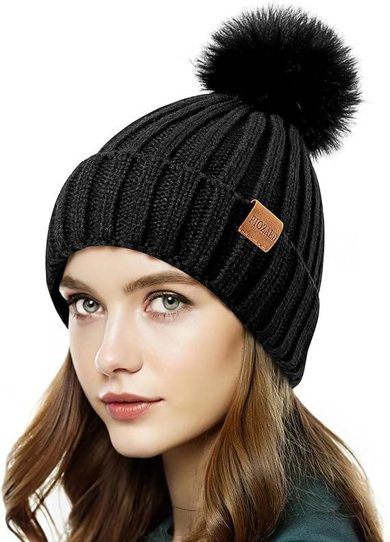 Womens Winter Beanie Hat Fleece Lined Warm Skull Cap with Faux Fur Pom Cuff Knitted Hat for Women | Amazon (US)