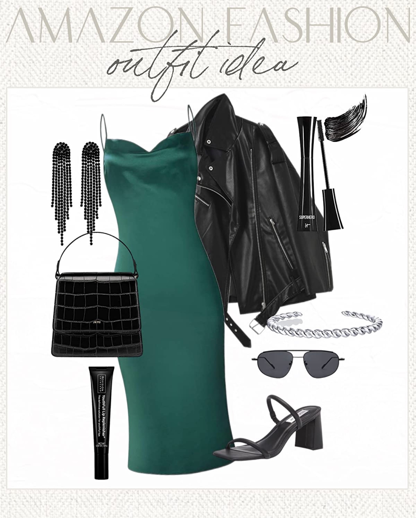 Edgy date night outfit idea! Emerald green with black accessories outfit inspo! #Founditonamazon #amazonfashion satin midi dress, faux leather jacket, Amazon fashion outfit inspiration 

#LTKU #LTKitbag #LTKstyletip