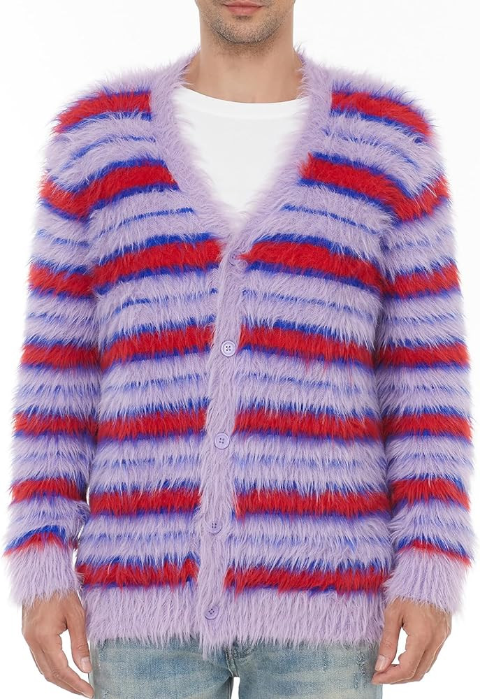 SINAR Men's Casual Fuzzy Cardigan Sweater Long Sleeve Soft Striped Knitwear Winter Warm Cardigan ... | Amazon (US)