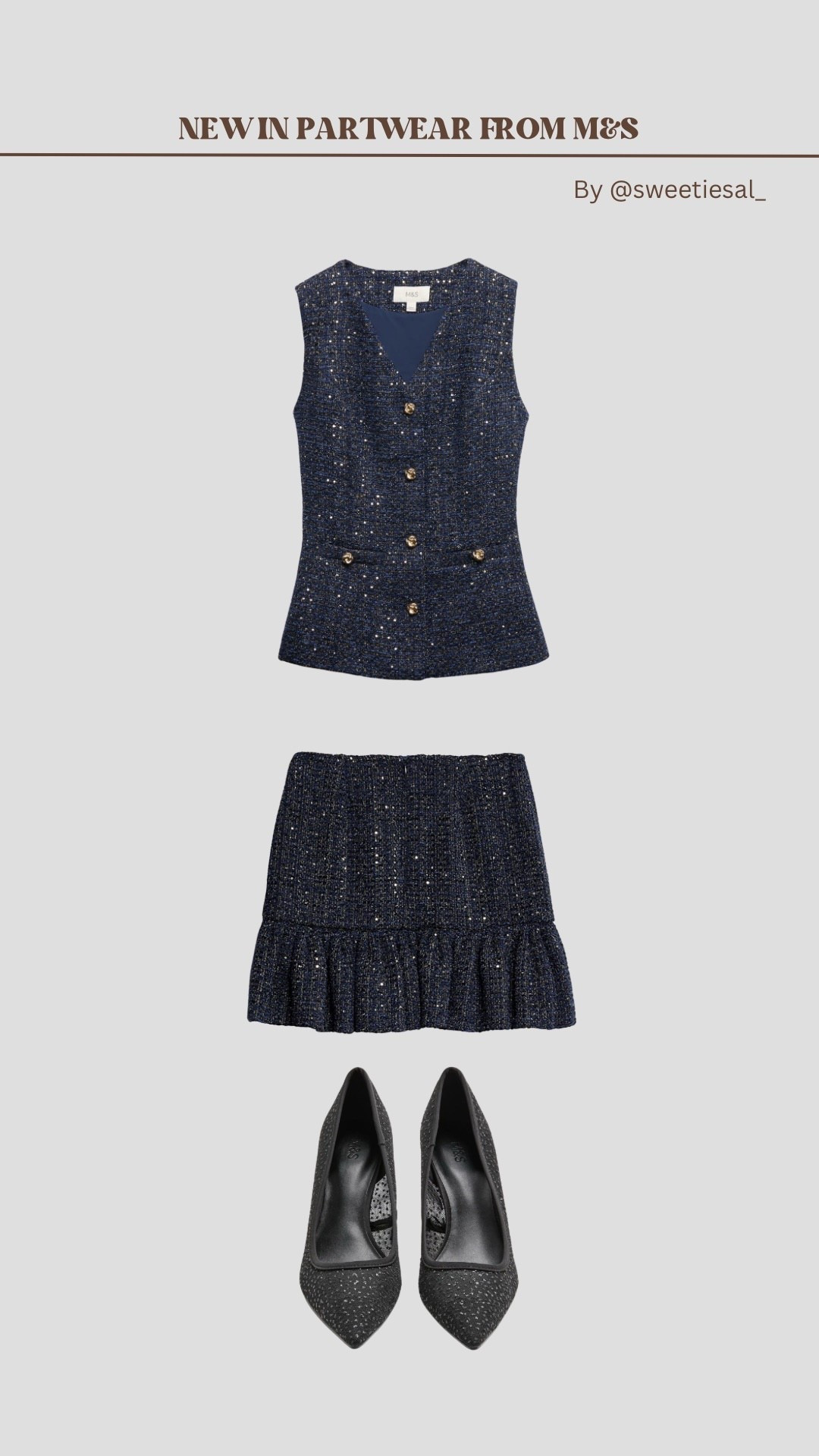 The cutest little festive Coord from M&S! Sparkles and boucle… sign me up! Wear with tights and a long sleeved tee under the waistcoat or as is, this is such a beautiful outfit you can wear together or separately! 

• Christmas Party Outfit • Marks and Spencer • Coord • Boucle • Sequins • Festivities • Office Christmas Party • Waistcoat • Court Shoes • 

#LTKpartywear #LTKstyletip #LTKfestive
