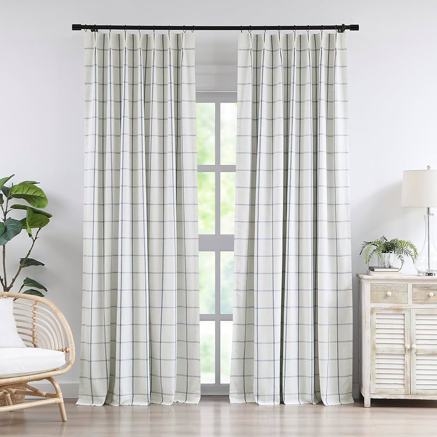 Vision Home Blue Plaid Linen Pinch Pleated Full Blackout Curtains Checkered Thermal Insulated Win... | Amazon (US)