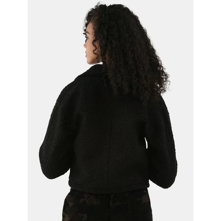 No Boundaries Asymmetric Zip Faux Shearling Moto Jacket, Women's and Women's Plus - Walmart.com | Walmart (US)