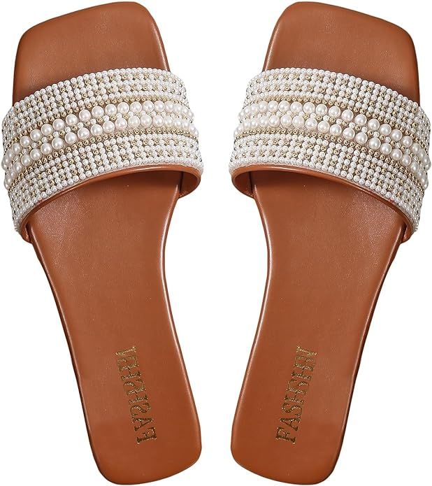 Verdusa Women's Pearls Sandals Slide Casual Sandal Flat Open Toe Slides | Amazon (US)