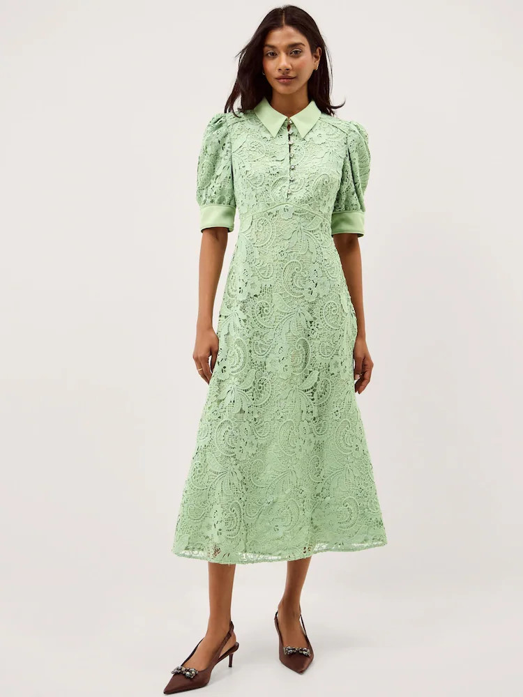 Monsoon Green Bridget Puff Sleeve Lace Midi Dress | Next US
