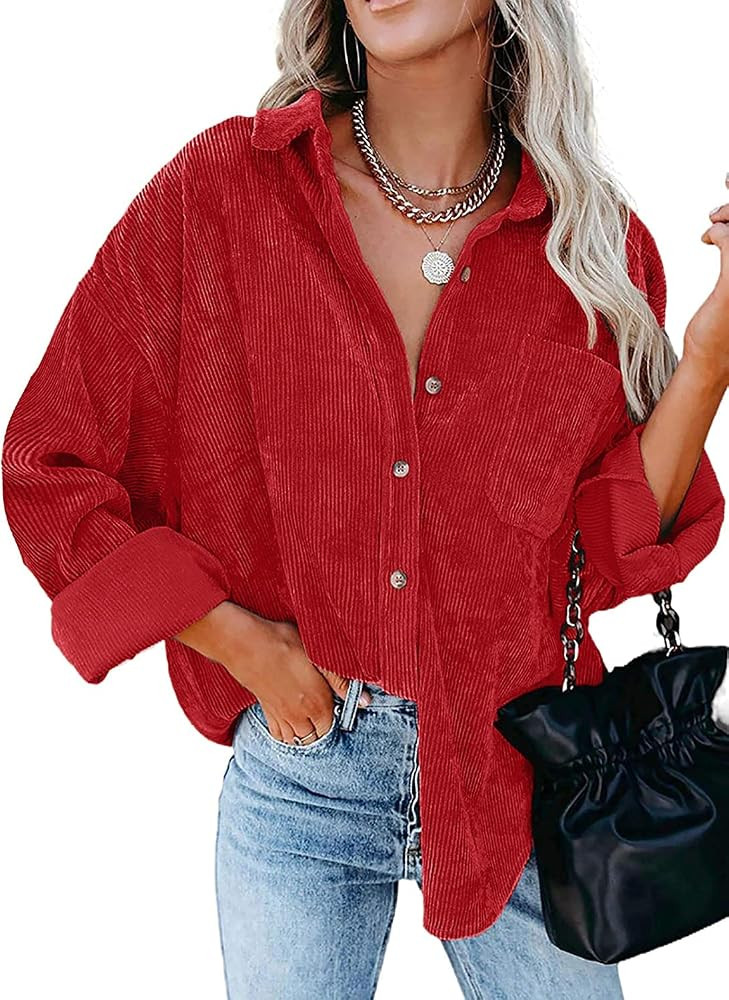 Meceku Women's Corduroy Shirts Long Sleeve Button Down Blouses Casual Oversized Tops with Pocket | Amazon (US)
