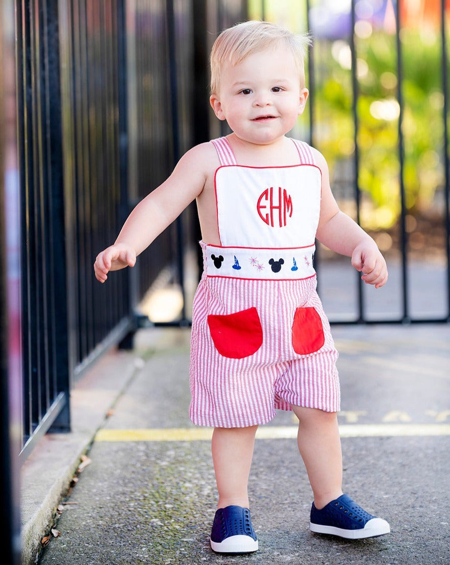 Magical Mouse Red Seersucker Shortall | Smockingbird Kids