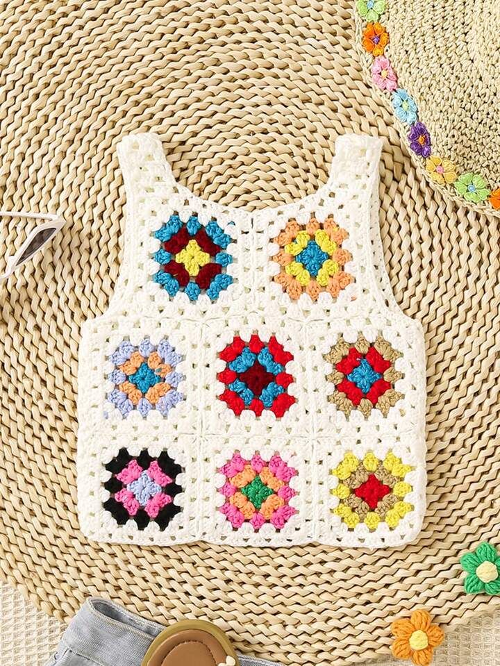 Young Girl Crew Neck Colorful Crocheted Sleeveless Fitted Casual  Cover Ups | SHEIN