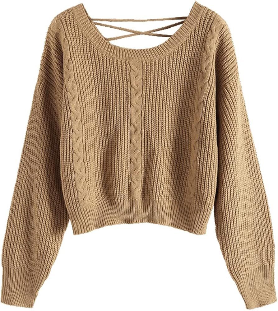 ZAFUL Women's Crewneck Long Sleeve Crop Sweater Knitted Pullover Jumper | Amazon (US)
