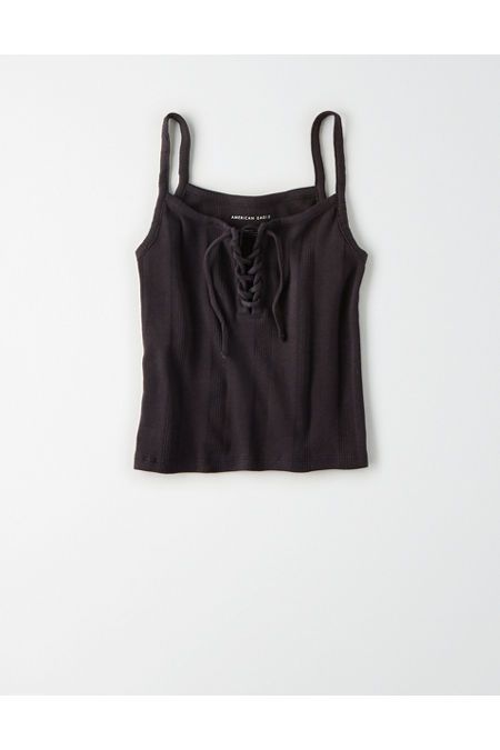 AE Lace Up Tank Top Women's True Black XS | American Eagle Outfitters (US & CA)