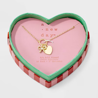 14K Gold Dipped Polished Heart and Cubic Zirconia Bow Charm Necklace - A New Day™ Gold | Target